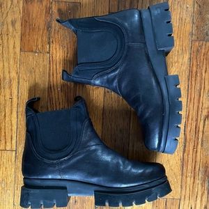 Black Leather Chelsea Lug Sole Booties: Worn Once!